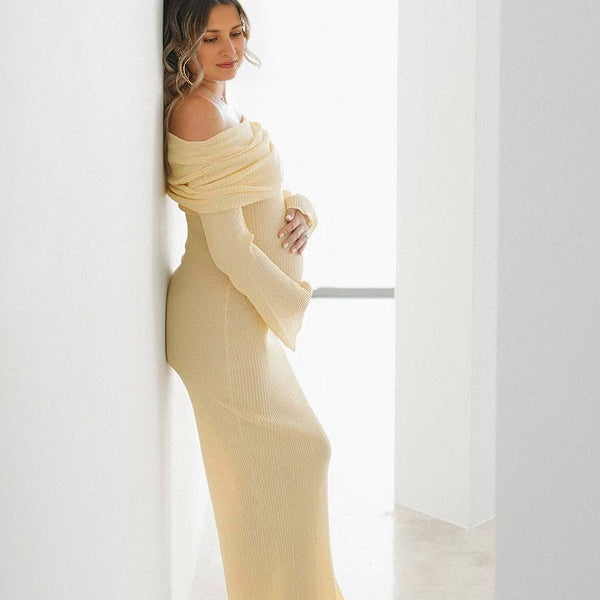 Momsmood Yellow Knit Off Shoulder Flare Sleeve Mermaid Bodycon Elegant Vacation Photoshoot Baby Shower Maternity Maxi Dress