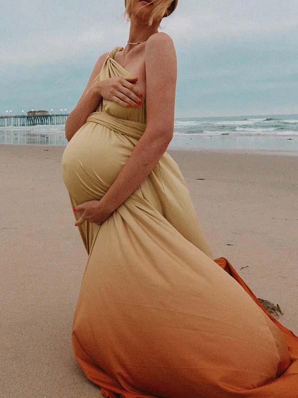 Momsmood Drawstring Gradient Color Backless Photoshoot Maternity Maxi Dresses