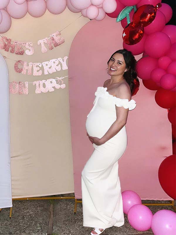 White Off Shoulder Ruffle Tie Bodycon Shower Maternity Maxi Dress