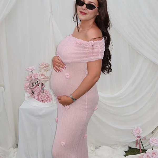 Momsmood Grenadine Off Shoulder 3D Flowers Bodycon Elegant Photoshoot Baby Shower Maternity Maxi Dress