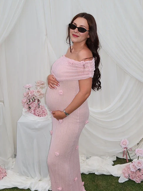 Momsmood Grenadine Off Shoulder 3D Flowers Bodycon Elegant Photoshoot Baby Shower Maternity Maxi Dress