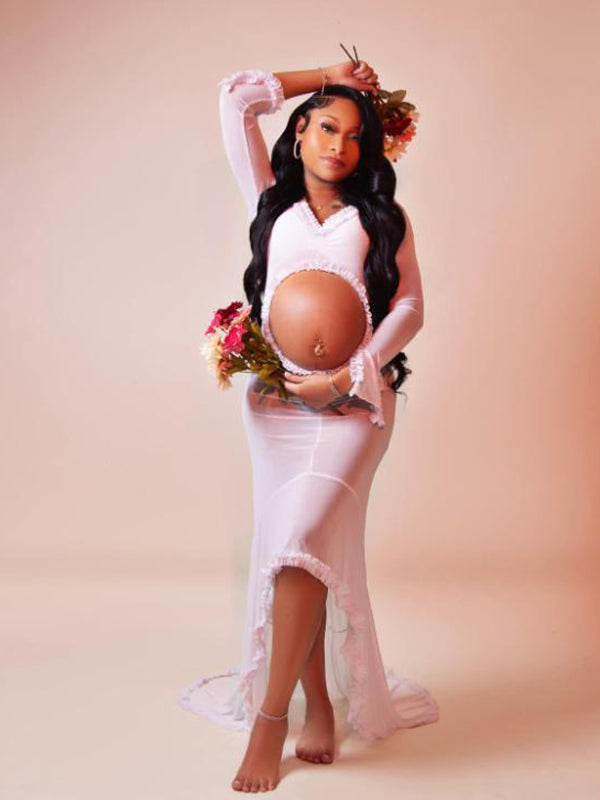 Momsmood White Ruffle Cut Out Crop Irregular Split Sheer Vacation Dress Bodycon Photoshoot Maternity Maxi Dress