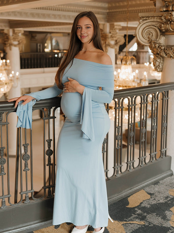 Momsmood Off Shoulder Flutter Sleeve Maternity Baby Shower Maxi Dress