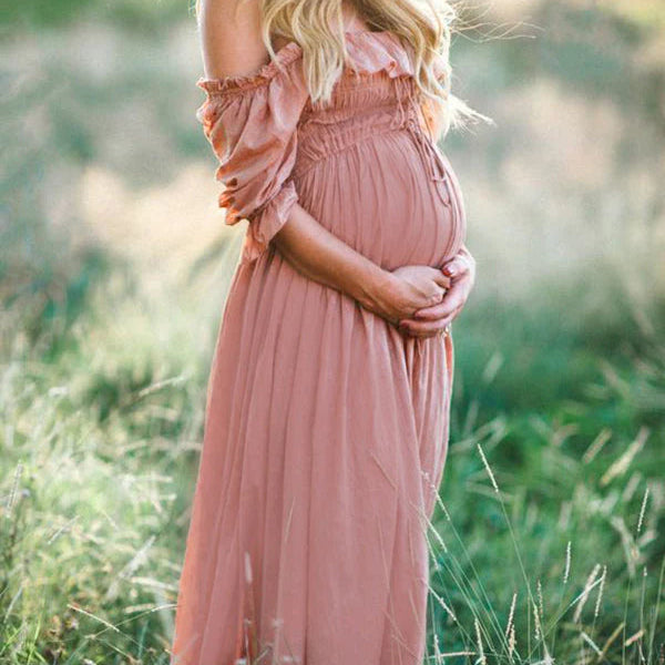 Momsmood Maternity Pink Ruffle Smocked Off Shoulder Boat Neck Baby Shower Photoshoot Maxi Dress
