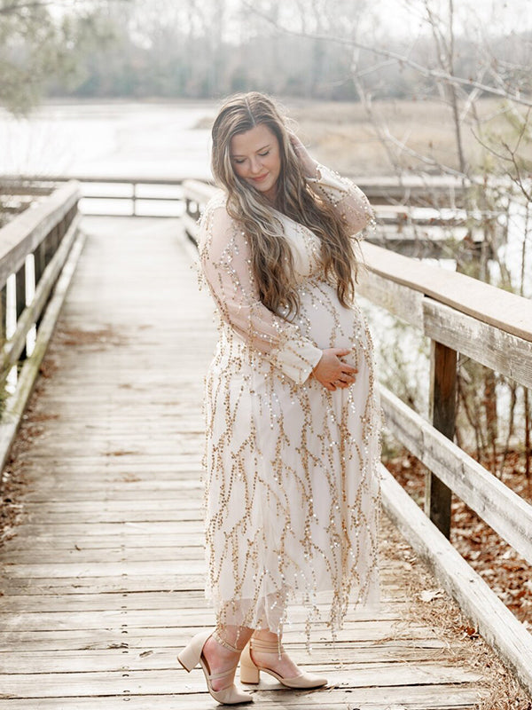 Momsmood Apricot Sequin Tassel Tulle Ruched Cross Chest Multi Way Tie Back V-neck Elegant Boho Photoshoot Maternity Maxi Dress