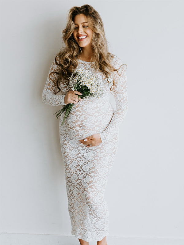Momsmood White Lace Sheer Bodycon Elegant Cocktail Party Maternity Baby Shower Maxi Dress