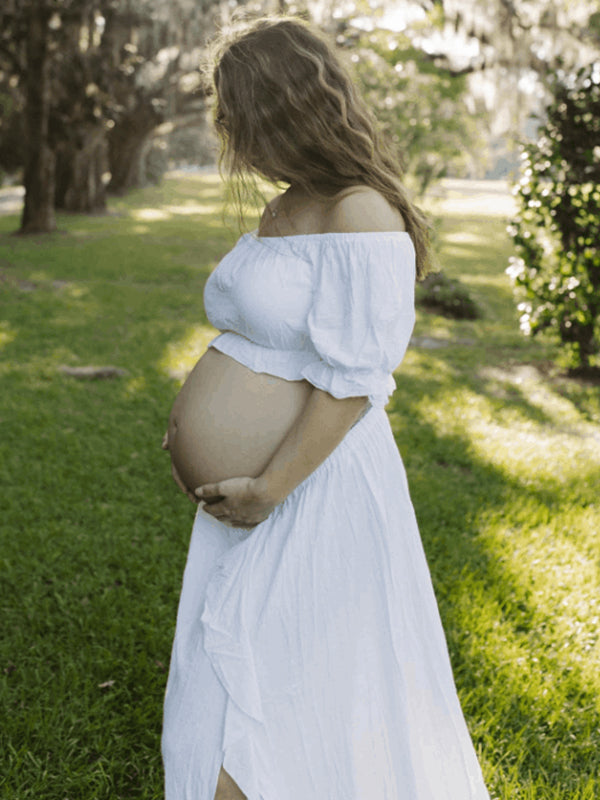 Momsmood Solid Color Off Shoulder Backless Ruffle Crop Side Slit 2-in-1 Photoshoot Maternity Maxi Dress