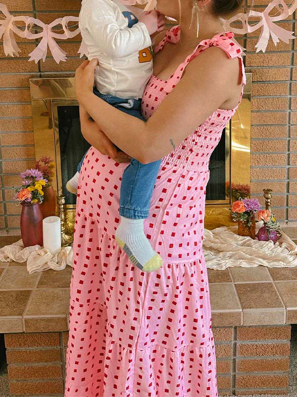 Momsmood Bow Smocked Polka Dot Flowy Gender Reveal Baby Shower Maternity Maxi Dress