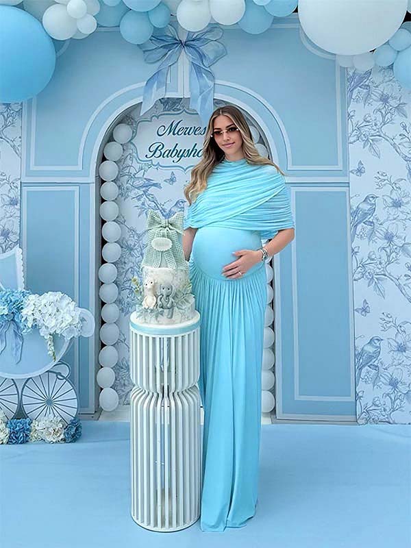 Light Blue Ruched Irregular Neck Baby Shower Maternity Maxi Dress