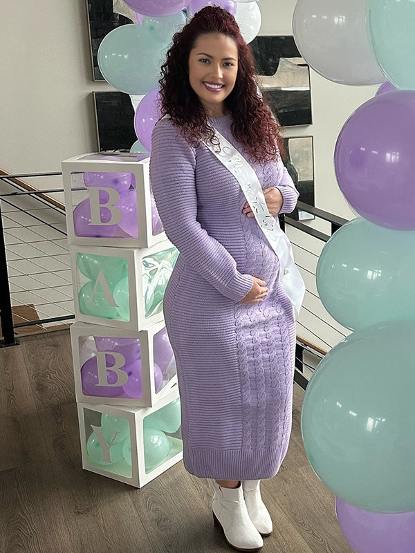 Momsmood Purple Round Neck Crochet Maternity Baby Shower Sweater Maxi Dress