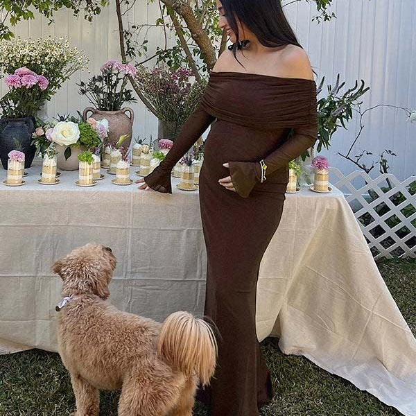 Momsmood Off Shoulder Ruched Sheer Mesh Bodycon Baby Shower Maternity Maxi Dress