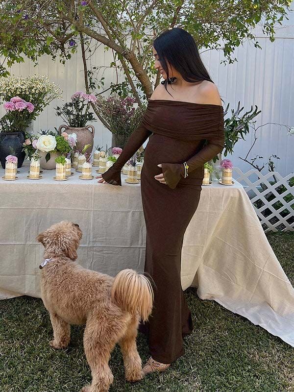 Momsmood Off Shoulder Ruched Sheer Mesh Bodycon Baby Shower Maternity Maxi Dress