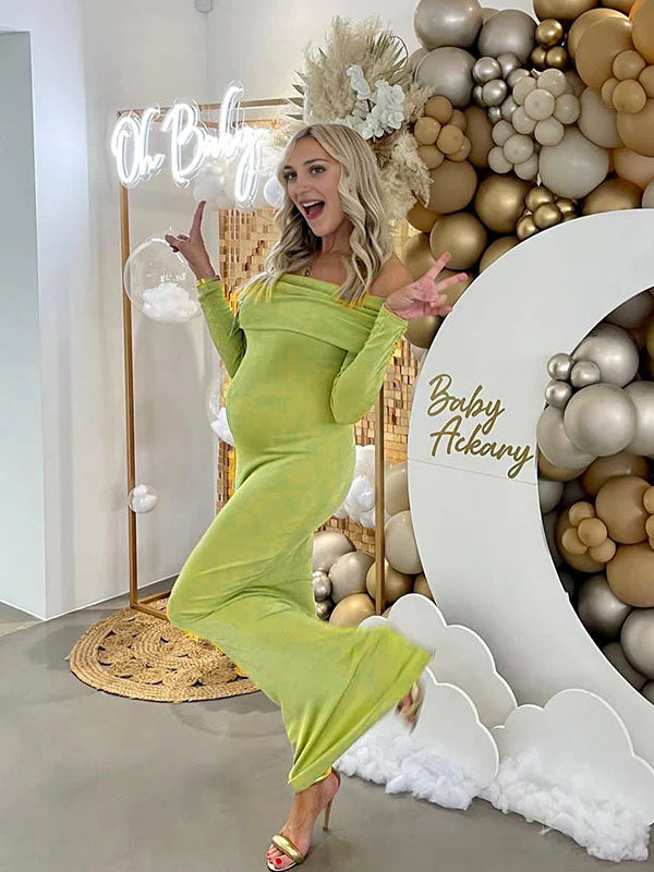 Momsmood Green Ruched Off Shoulder Bodycon Elegant Cocktail Party Gown Maternity Photoshoot Baby Shower Maxi Dress
