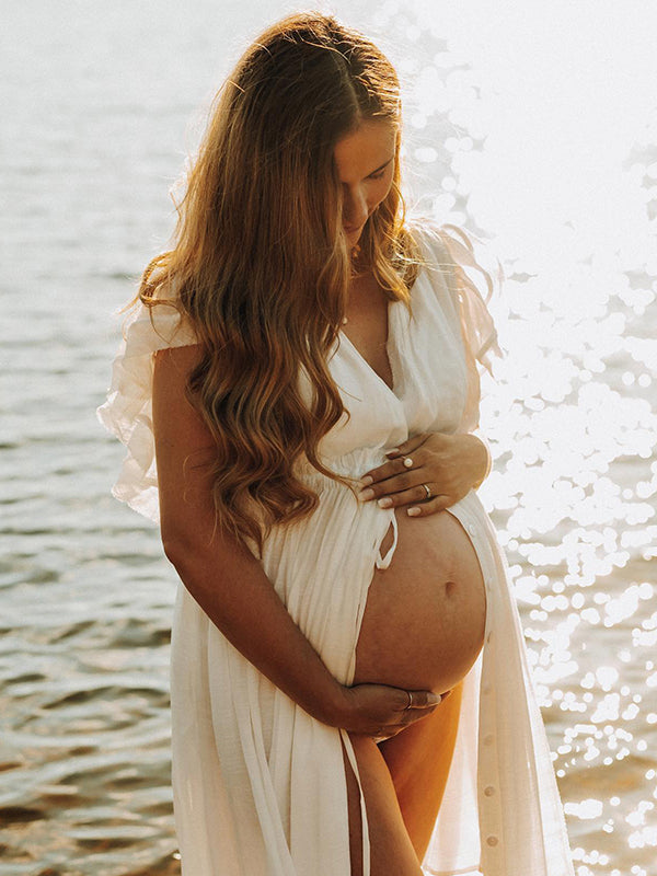 Momsmood White Deep V Neck Button Down Boho Beach Bikini Cover Up Dress Party Photoshoot Maternity Dress