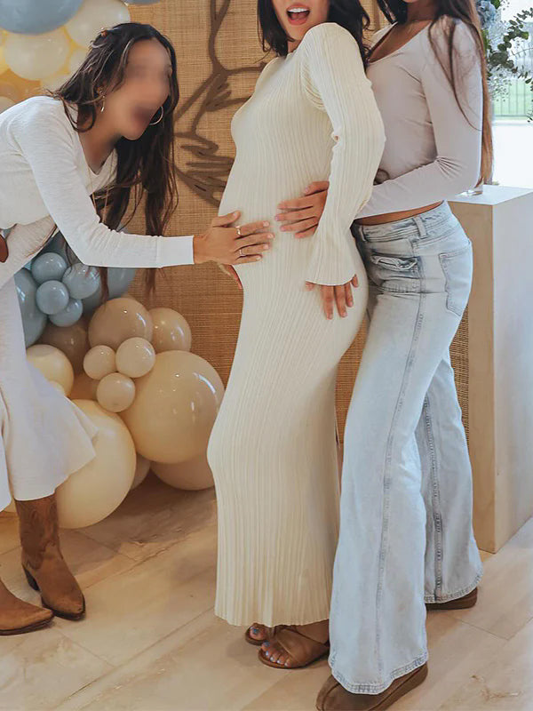 Momsmood Knit Solid Color Elegant Photoshoot Baby Shower Maternity Maxi Sweater Dress