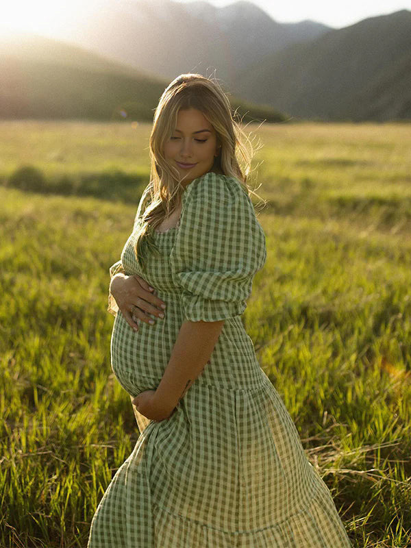 Momsmood Light Green Plaid Smocked Puff Sleeve Elegant Photoshoot Baby Shower Maternity Maxi Dress