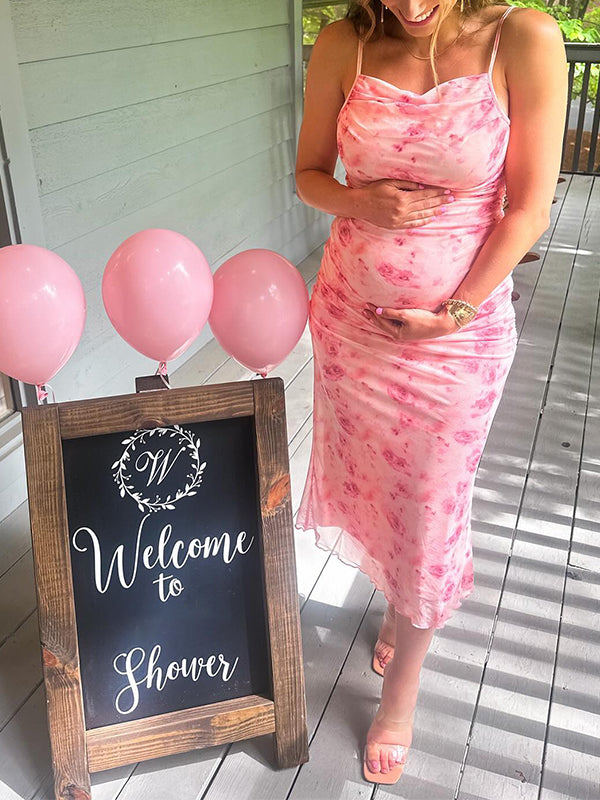 Momsmood Pink Floral Tulle Ruched Bodycon Cute Gender Reveal Baby Shower Maternity Midi Dress