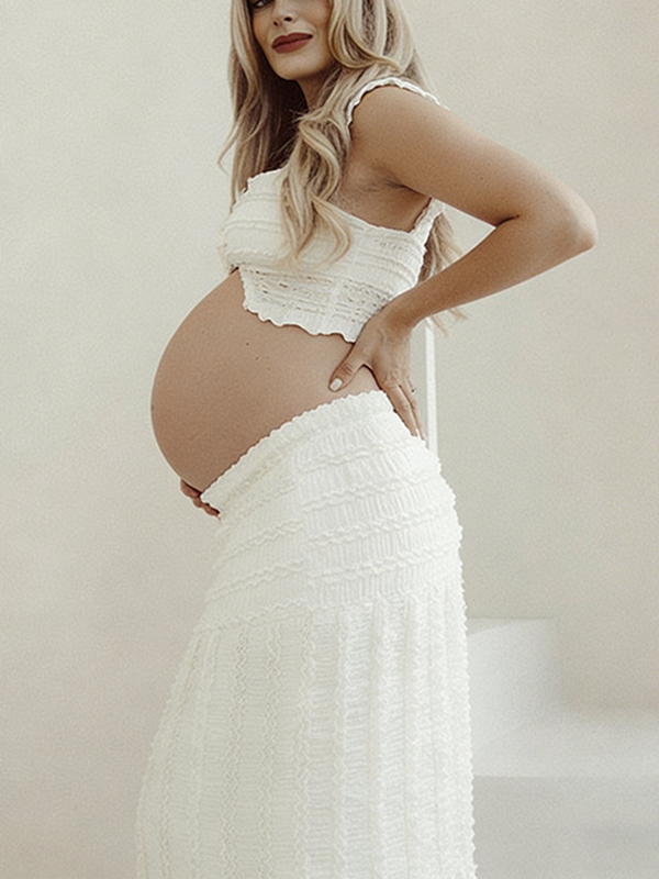 Momsmood White Ruffle Ruched Smocked Buttons Crop Two Piece Set Maternity Maxi Dress
