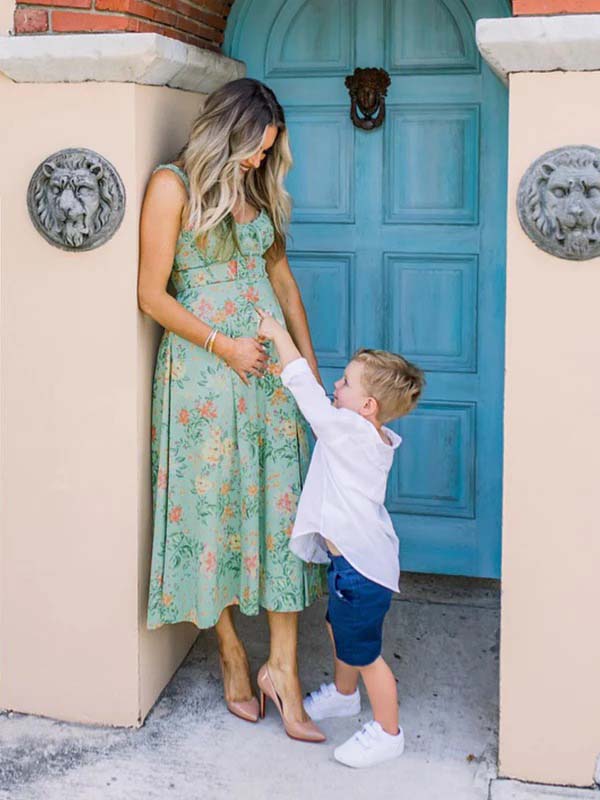 Momsmood Green Floral Side Slit Ruffle Bow Flowy Back Zipper Photoshoot Baby Shower Maternity Maxi Dress