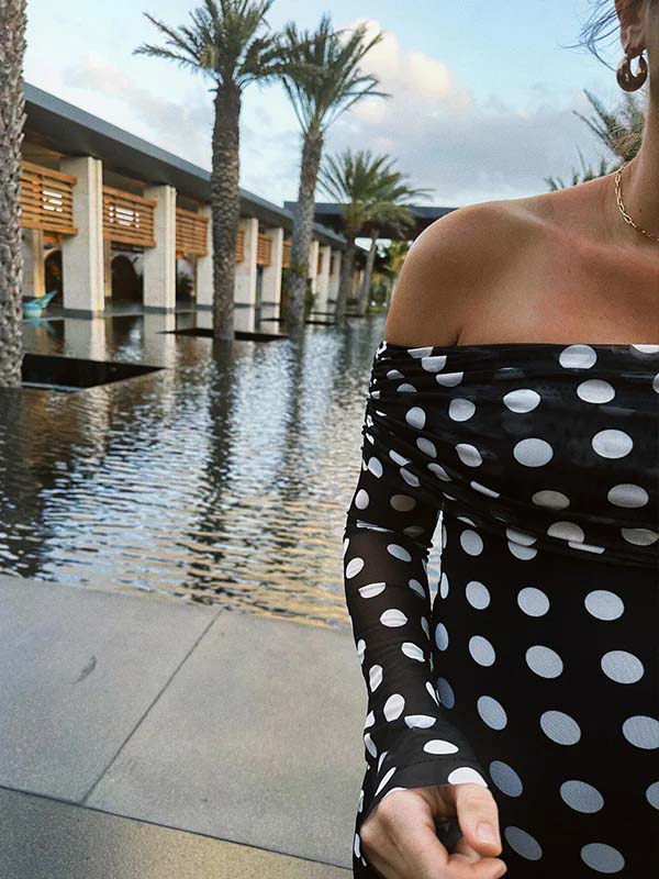 Momsmood Black And White Polka Dot Off Shoulder Ruched Bodycon Elegant Going Out Cocktail Maternity Photoshoot Maxi Dress