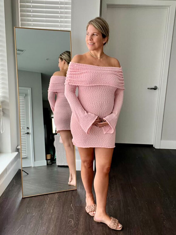 Momsmood Pink Off Shoulder Knitwear Bodycon Going Out Dress Cute Baby Shower Maternity Mini Dress