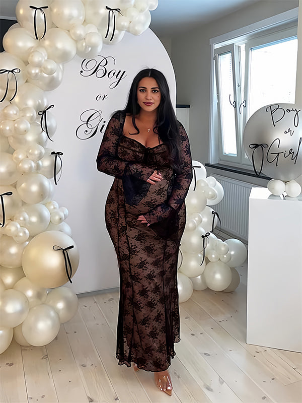 Momsmood Black Lace Bow Grenadine Flare Sleeve Mermaid Back Lace Up Photoshoot Baby Shower Maternity Maxi Dress