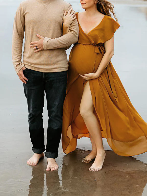 Momsmood Ginger Yellow Flowy Ruffle Falbala Wrap Side Slit Big Swing Elegant Baby Moon Beach Vacation Gown Boho Maternity Photoshoot Baby Shower Maxi Dress