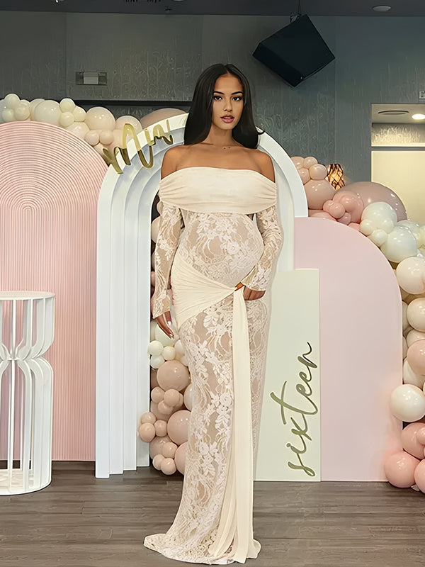 Momsmood Apricot Off Shoulder Lace Spliced Lace Up Maternity Baby Shower Maxi Dress