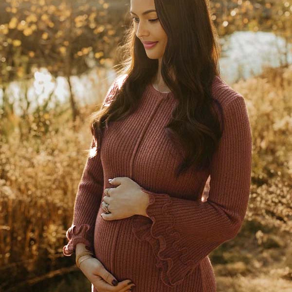 Momsmood Brown Knit Ruffle Backless Flare Sleeve Maternity Maxi Dress