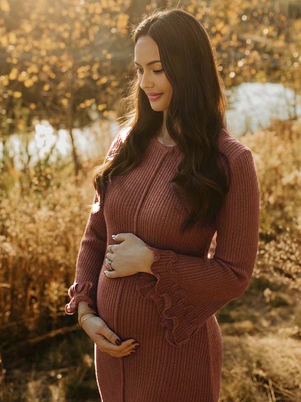 Momsmood Brown Knit Ruffle Backless Flare Sleeve Maternity Maxi Dress