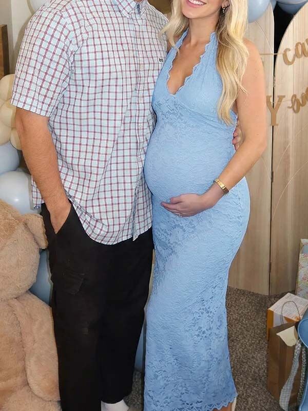Lace Ruffle Hem Backless Slit Bodycon Maternity Maxi Dress