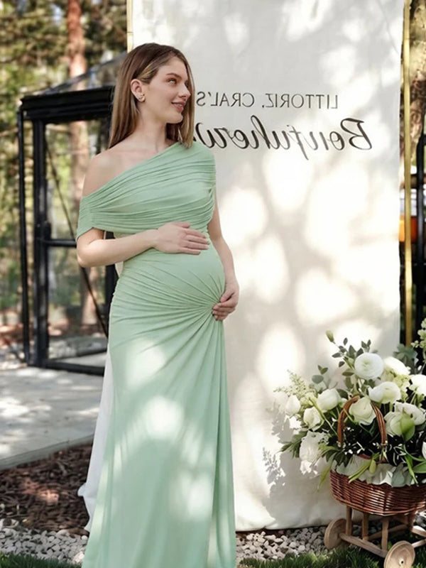 Green Oblique Shoulder Ruched Bodycon Backless Maternity Maxi Dress