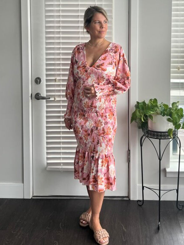 Momsmood Pink Floral Smocked Mermaid Deep V-neck Lantern Sleeve Elegant Cocktail Party Maternity Photoshoot Baby Shower Maxi Dress