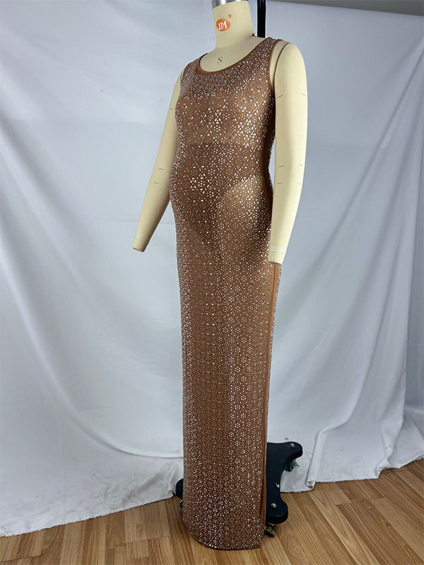 Momsmood Diamond Sparkly Rhinestone Back Slit Mesh Sheer Elegant Photoshoot Baby Shower Maternity Maxi Dress