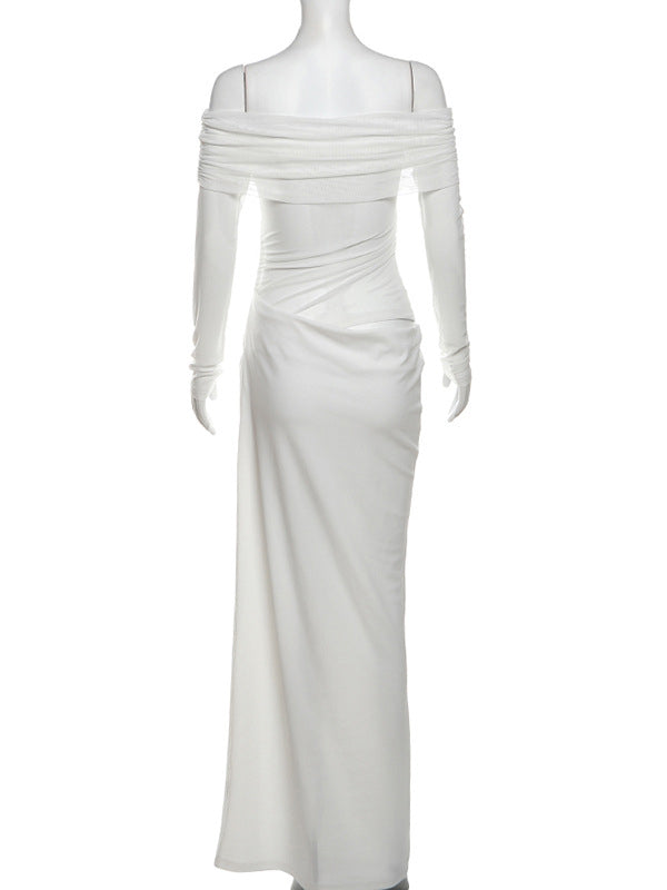 Momsmood Off Shoulder Cut Out Grenadine Splicing Sheer Ruched Baby Shower Maternity Maxi Dress