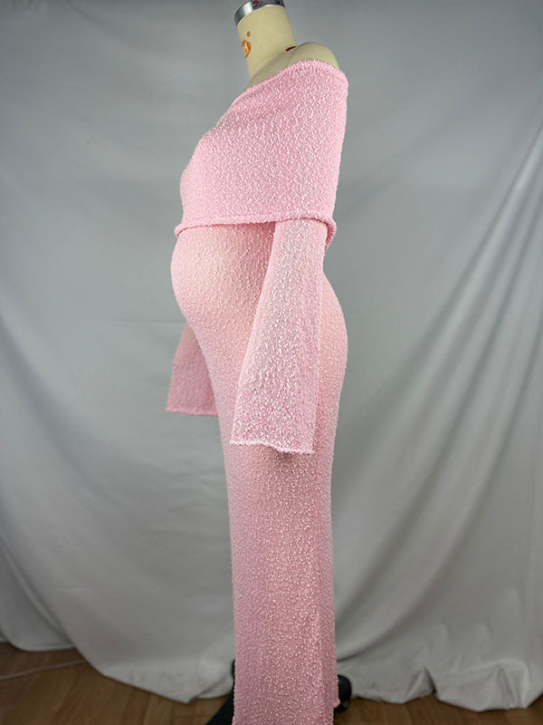 Momsmood Pink Off Shoulder Knitwear Elegant Maternity Baby Shower Maxi Dress
