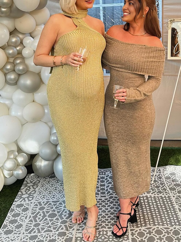 Momsmood Yellow Halter Neck Bodycon Crochet Ceremony Banquet Baby Shower Maternity Photoshoot Maxi Dress