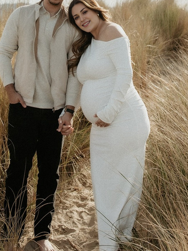 Momsmood Pink Oblique Shoulder Ruched Maternity Photoshoot Maxi Dress