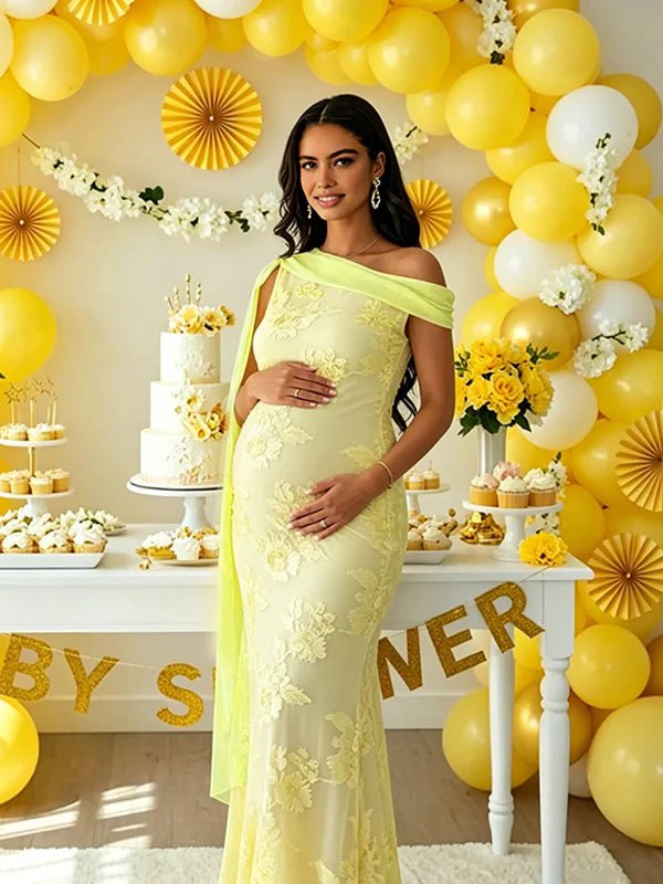 Embroidered One-shoulder Mesh Floral Shoulder Streamer Bodycon Maternity Maxi Dress