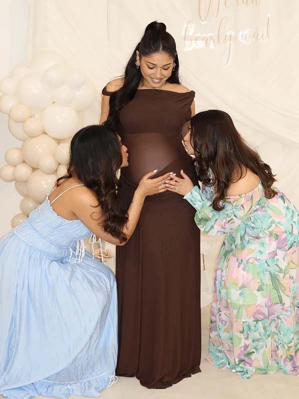 Momsmood Dark Brown Oblique Shoulder Sheer Draped Hem Ruched Maternity Baby Shower Maxi Dress