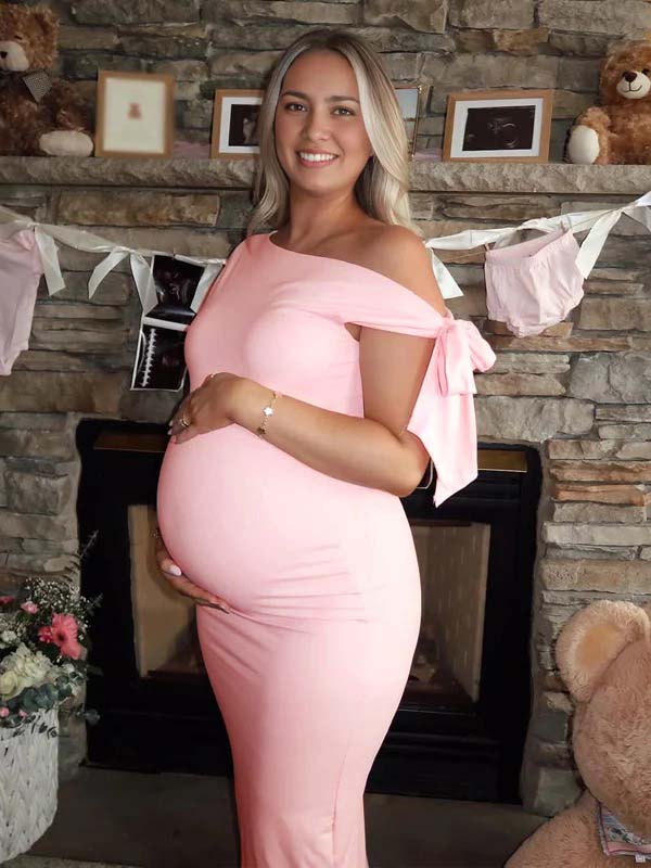 Momsmood Pink Bowknot One Shoulder Elegant Maternity Baby Shower Maxi Dress