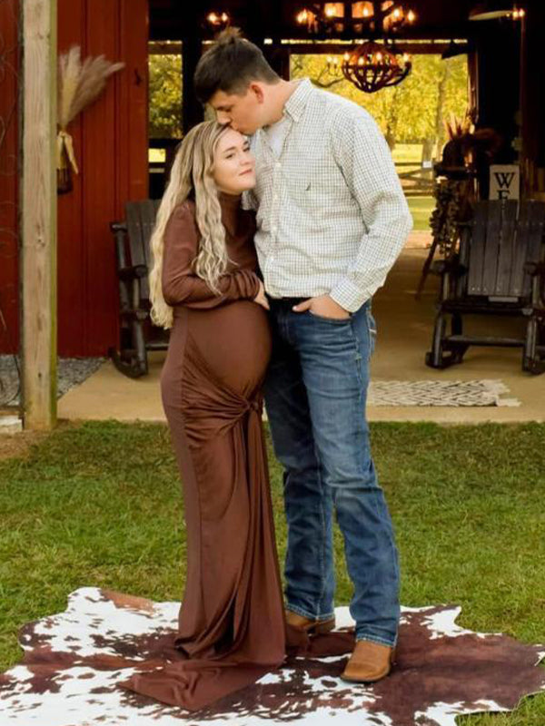 Momsmood Solid Color Belt Splicing Ruched Draped Bodycon Mermaid Long Sleeve Going Out Photoshoot Maternity Maxi Dress