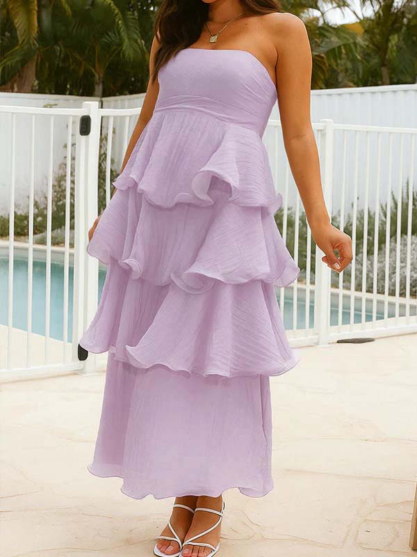 Momsmood Bandeau Ruffle Tiered A-line Sweet Maternity Baby Shower Maxi Dress