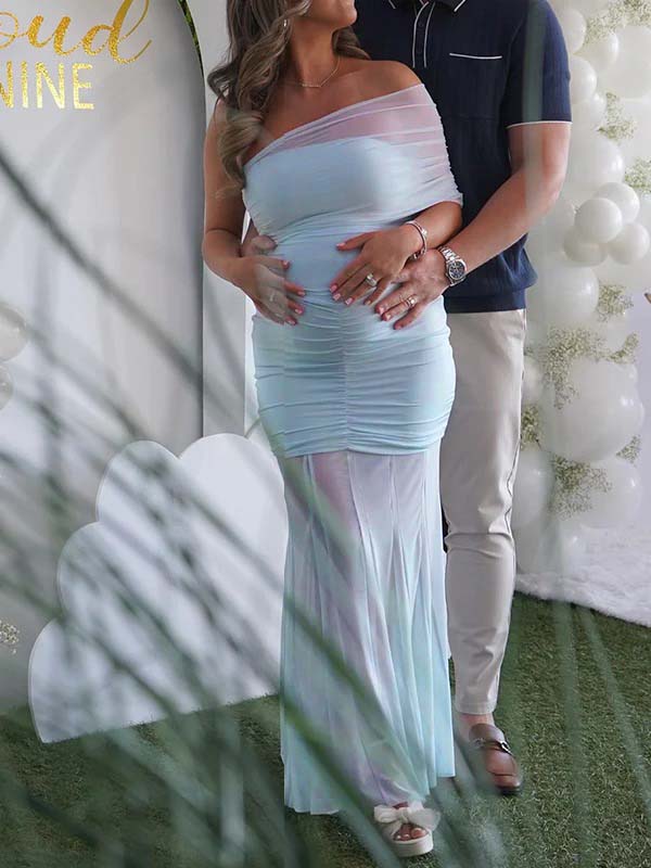 Momsmood Light Blue Mesh Off Shoulder Ruched Mermaid Elegant Maternity Baby Shower Maxi Dress
