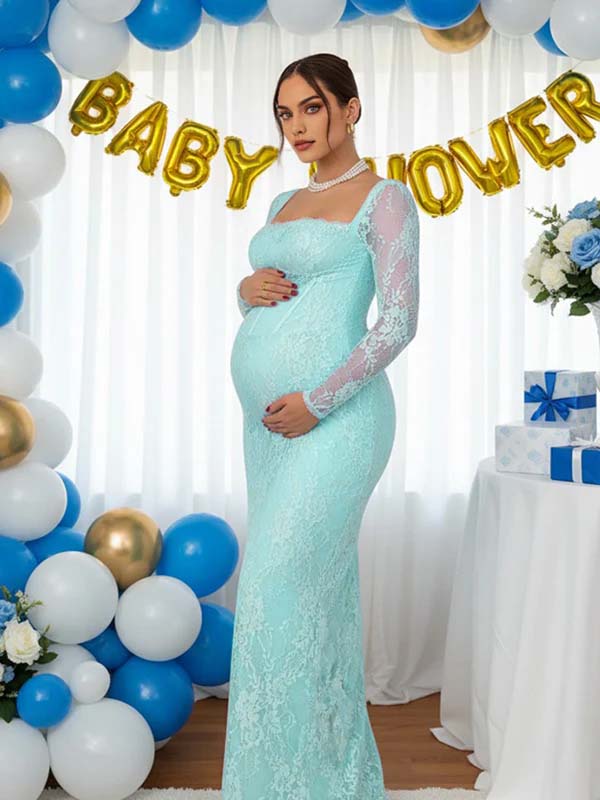 Momsmood Lace Ruffle Back Slit Square Neck Bodycon Maternity Maxi Dress