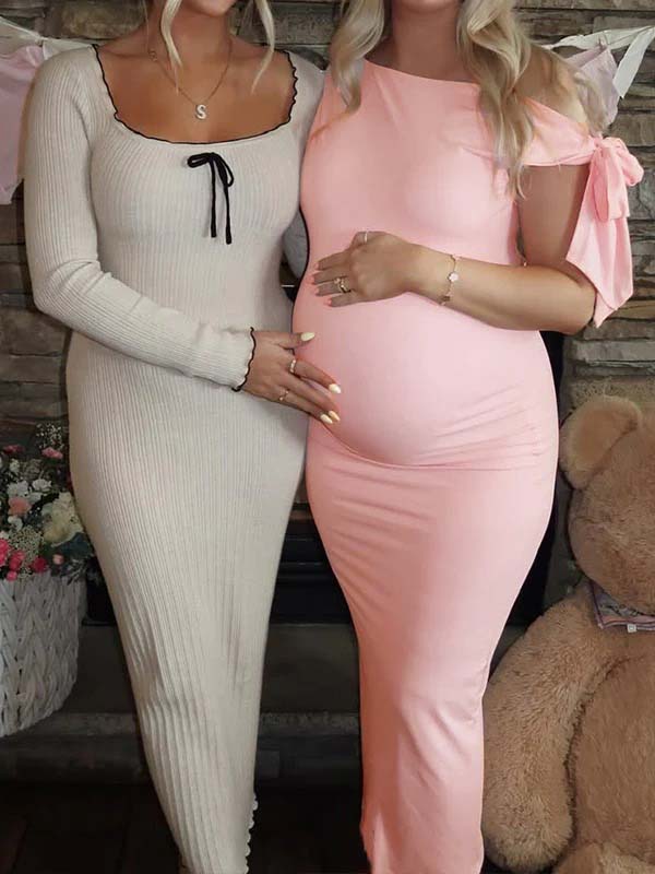 Momsmood Pink Bowknot One Shoulder Elegant Maternity Baby Shower Maxi Dress