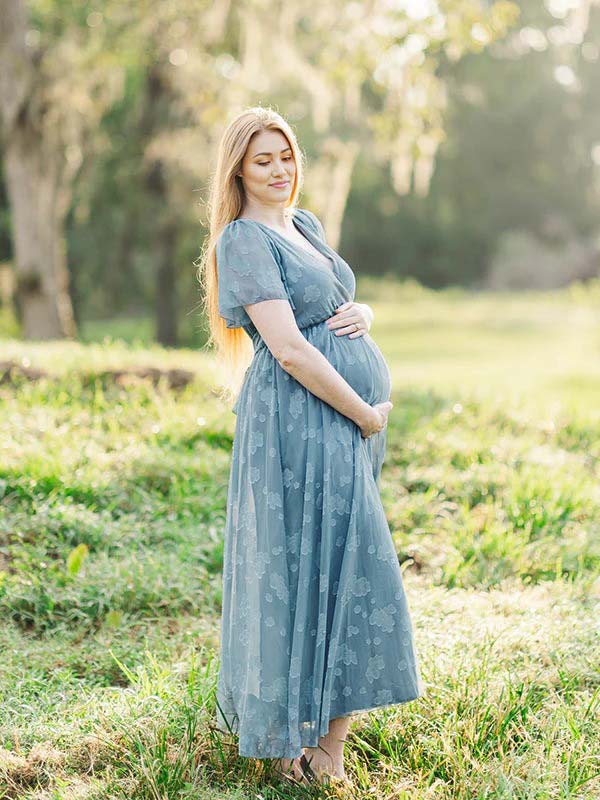 Momsmood Blue Floral Wrap Side Slit Big Swing Elegant Baby Moon Going Out Boho Maternity Photoshoot Baby Shower Maxi Dress