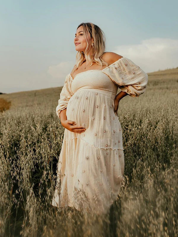 Momsmood Apricot Daisy Print Smocked Off Shoulder Ruffle Big Swing Elegant Vacation Maternity Photoshoot Baby Shower Party Maxi Dress