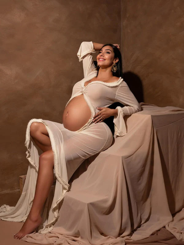 Momsmood White Ruffle Cut Out Crop Irregular Split Sheer Vacation Dress Bodycon Photoshoot Maternity Maxi Dress