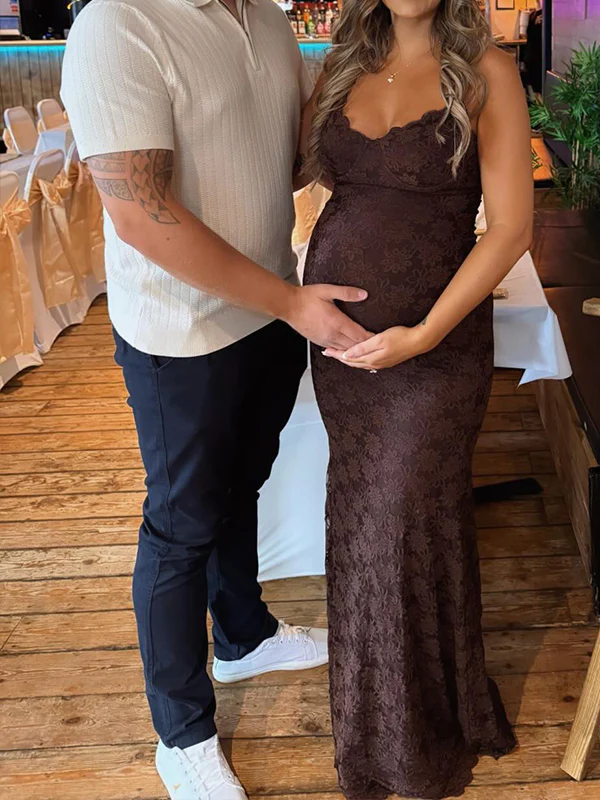 Momsmood Coffee Lace Hollow Out Cami V-neck Maternity Maxi Dress